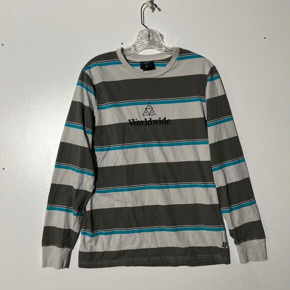 HUF WORLDWIDE X Marlboro Long Sleeve Gray Blue Striped Shirt Mens Medium - Picture 1 of 8